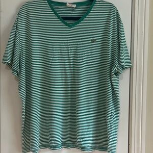 Lacoste Men's Green and White Striped Tee